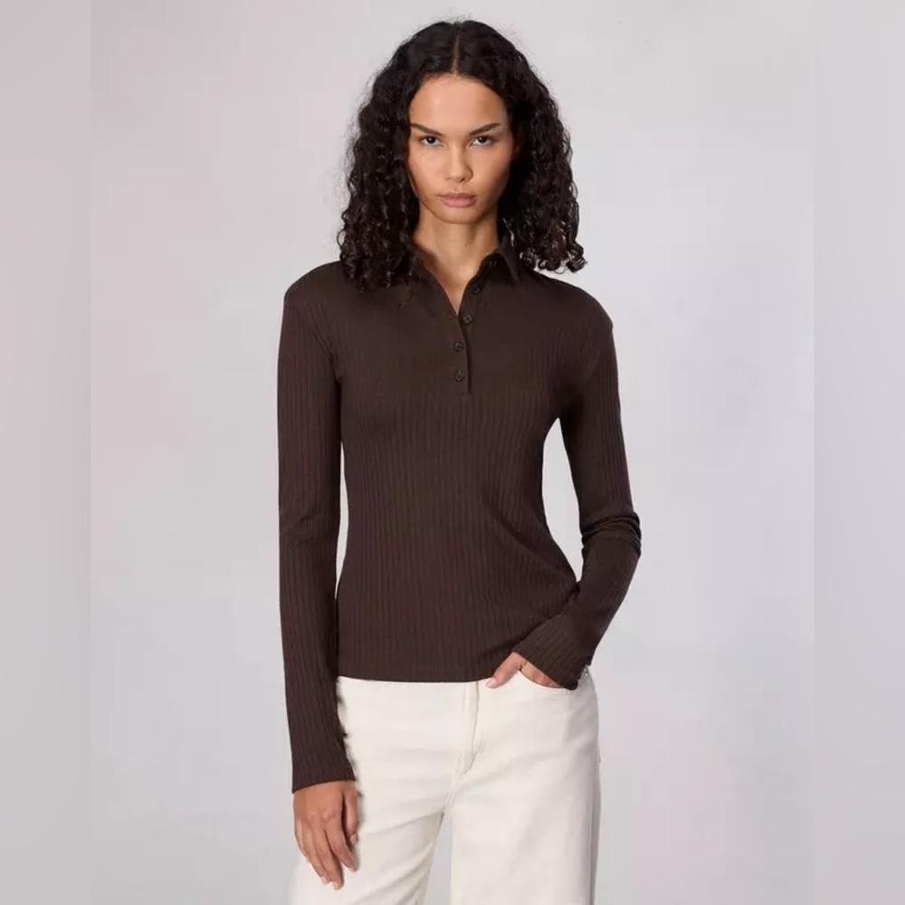 Abercrombie & Fitch Long Sleeve Wide Rib Polo Top in Chicory Brown